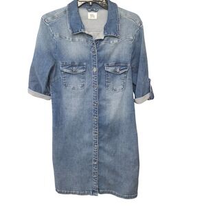 Wash Lab Denim Feminine Button Down Roll Tab Short Sleeve Shirt Dress M Stretch